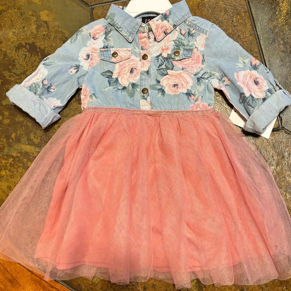 Girls Lilt Floral Denim and Pink Tulle Dress size 24M